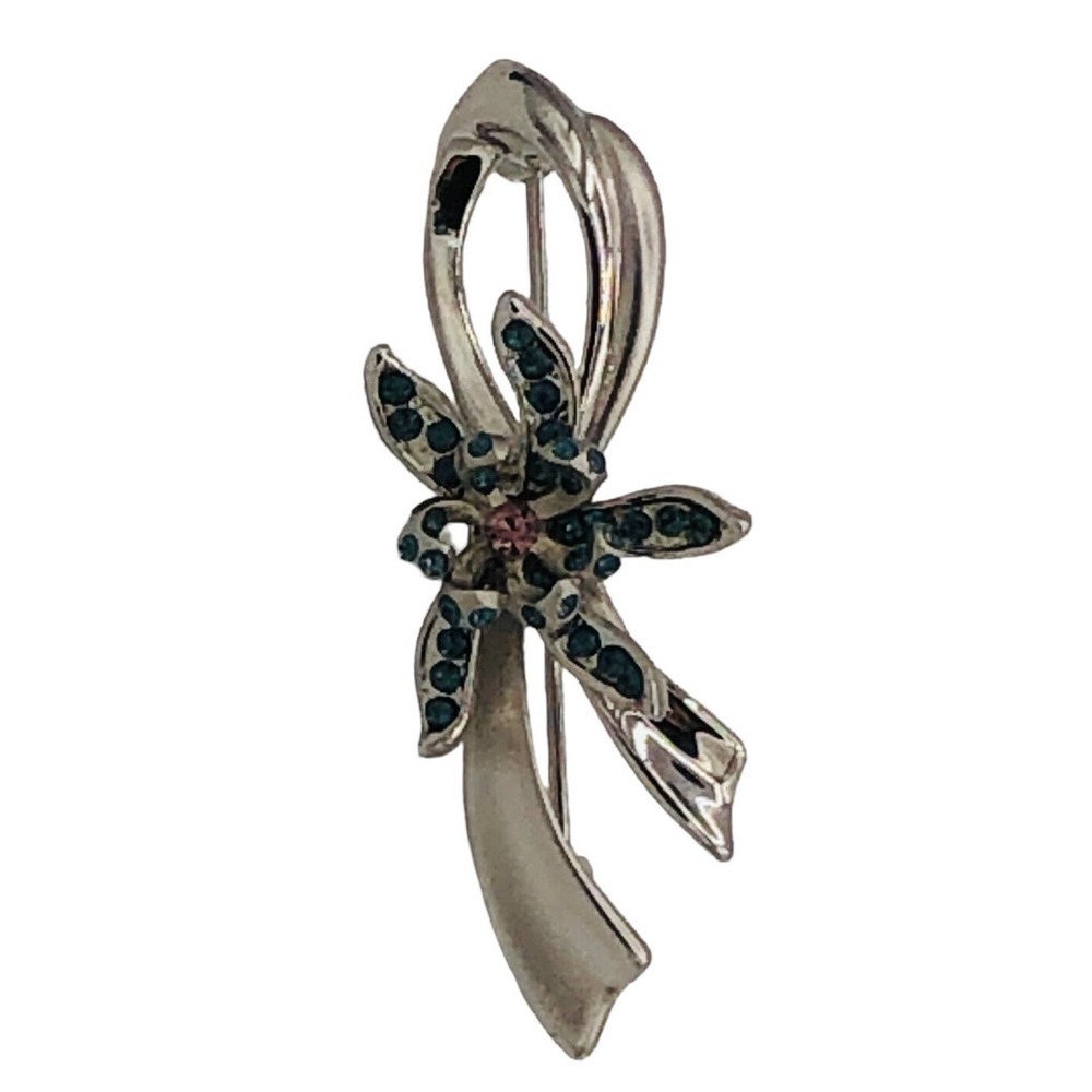 Vintage 1980s Silvertone Ribbon Pink Blue Crystal Rhinestone Orchid Brooch Pin